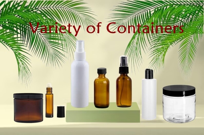 May include: Variety of Containers, including a clear glass jar with a black lid, a brown glass jar with a black lid, a white plastic bottle with a black spray nozzle, a brown glass bottle with a black spray nozzle, a brown glass bottle with a black lid, a white plastic bottle with a black pump top, and a clear glass roller bottle with a black lid.