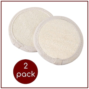 May include: Two round, white loofah sponges with a white fabric border. The sponges are on a white background. The text "2 pack" is written in white on a red circle.