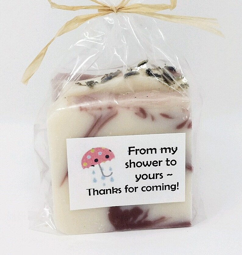 Pink White Sold in Sets Bulk Quantities Baby Girl Shower Favors Natural Soap in Clear Cello Sack with Adorable Clip Art /& Raffia Tie