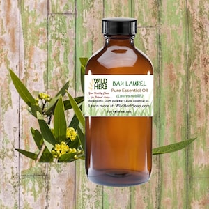 Pode incluir: Uma garrafa de vidro castanho com um r&oacute;tulo que diz "WILD HERB BAY LAUREL &Oacute;leo Essencial Puro (Laurus nobilis) Sua escolha saud&aacute;vel para uma vida natural. Ingredientes: 100% &oacute;leo essencial puro de louro. Saiba mais em: WildHerbSoap.com Para uso externo."