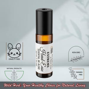 May include: A 10 ml amber glass roller bottle with a black cap, labeled Head-Ease Extreme Essential Oil Blend. The label features text including .33 oz, Wild Herb, Your Healthy Choice for Natural Living, Cruelty Free, Non-GMO, and Paraben Free.