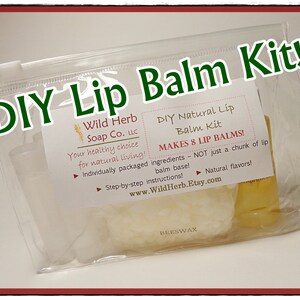 Puede incluir: Una bolsa de pl&aacute;stico transparente etiquetada como "DIY Lip Balm Kit!" contiene suministros para hacer b&aacute;lsamo labial. El kit incluye una etiqueta que dice "DIY Natural Lip Balm Kit" y "MAKES 8 LIP BALMS!" con el sitio web www.WildHerb.Etsy.com.
