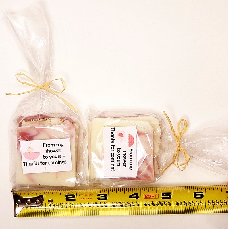 Pink White Sold in Sets Bulk Quantities Baby Girl Shower Favors Natural Soap in Clear Cello Sack with Adorable Clip Art /& Raffia Tie