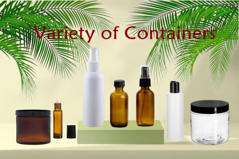 May include: Variety of Containers, a collection of different sized bottles and jars, including a clear glass jar with a black lid, a brown glass jar with a black lid, a clear glass bottle with a black spray top, a brown glass bottle with a black spray top, a white plastic bottle with a black spray top, a clear glass bottle with a black roller ball top, and a black cap.