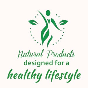 May include: Green logo featuring a stylized human figure, leaves, and a dotted circle. Text reads "Natural Products designed for a healthy lifestyle" in green script and sans-serif fonts, on a cream background.