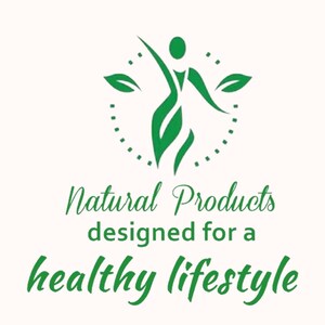 Puede incluir: Un logotipo verde con una figura humana estilizada, un c&iacute;rculo punteado y hojas. El texto dice "Natural Products designed for a healthy lifestyle" en verde, promoviendo un estilo de vida saludable.