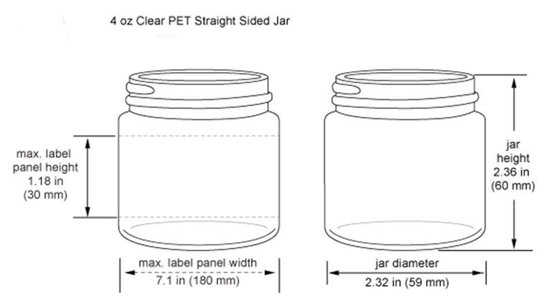 May include: A clear plastic jar with a straight side, measuring 2.36 inches in height and 2.32 inches in diameter. The maximum label panel height is 1.18 inches and the maximum label panel width is 7.1 inches.
