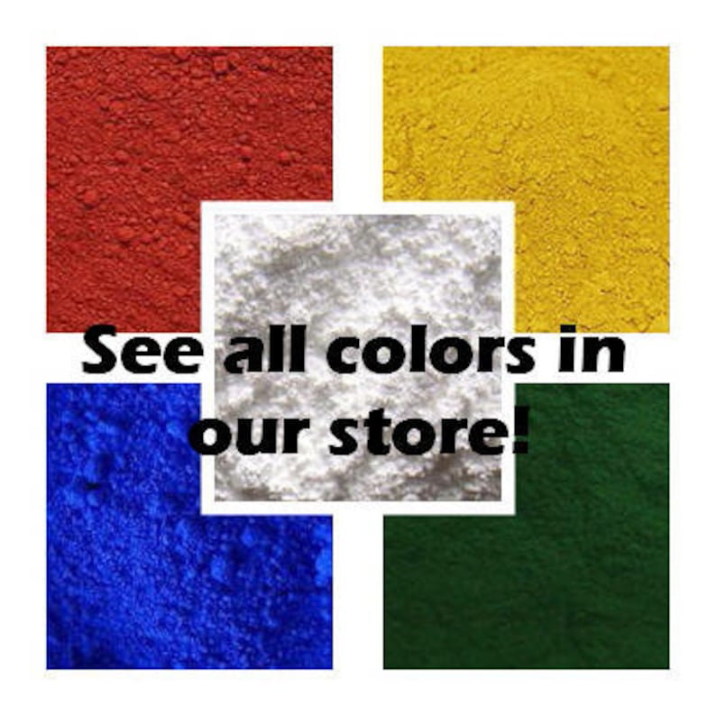 Puede incluir: Imagen que muestra cinco cuadrados de polvo de colores: rojo, amarillo, blanco, azul y verde. El texto "See all colors in our store!" est&aacute; superpuesto en la imagen.