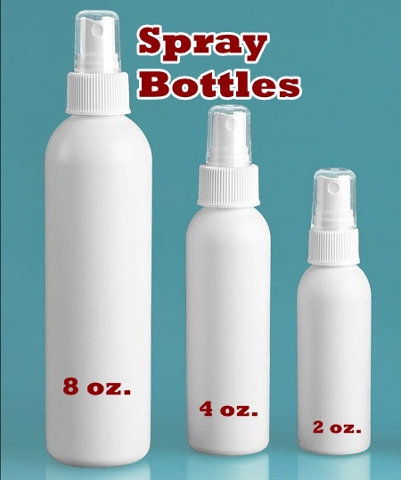 May include: Three white plastic spray bottles with different sizes: 8 oz, 4 oz, and 2 oz.  The bottles are on a blue background.