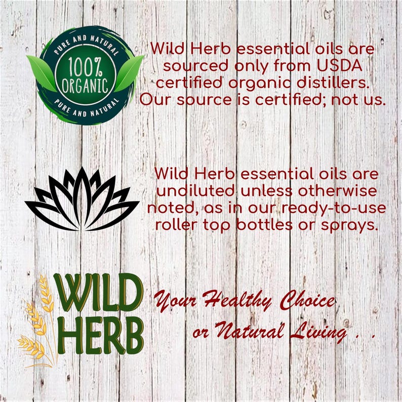 May include: A woodgrain background with a black and white lotus flower graphic. The text "Wild Herb" is in green and white with a wheat stalk graphic. The text "Your Healthy Choice or Natural Living" is in red. The text "Pure and Natural 100% Organic Pure and Natural" is in a circle with a green leaf graphic.