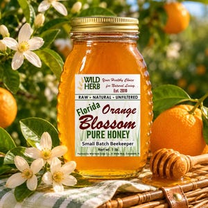 May include: A glass jar of Wild Herb Florida Orange Blossom Pure Honey with a gold lid. The label reads Wild Herb, Your Healthy Choice for Natural Living, Est. 2010, Raw, Natural, Unfiltered, Florida Orange Blossom Pure Honey, Small Batch Beekeeper, Net wt. 1 lb.