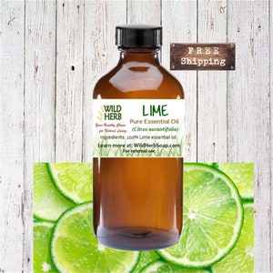 May include: A brown glass bottle with a label that reads "WILD HERB LIME Pure Essential Oil (Citrus aurantifolia) Ingredients: 100% Lime essential oil. Learn more at: WildHerbSoap.com For external use."