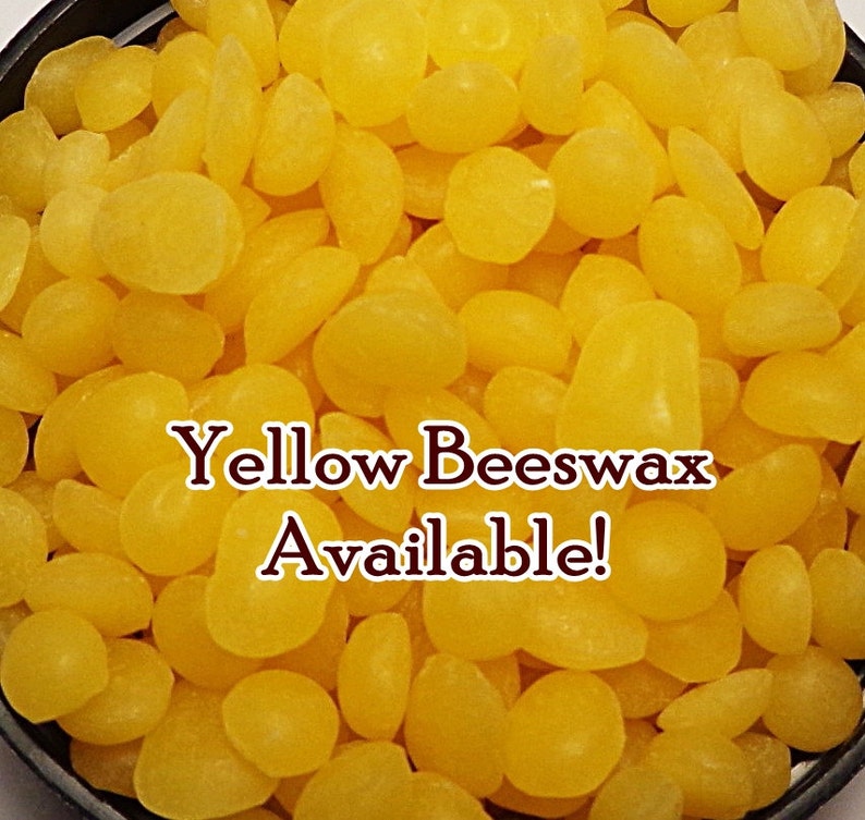 May include: A close-up image of yellow beeswax pellets. The text "Yellow Beeswax Available!" is superimposed on the image.