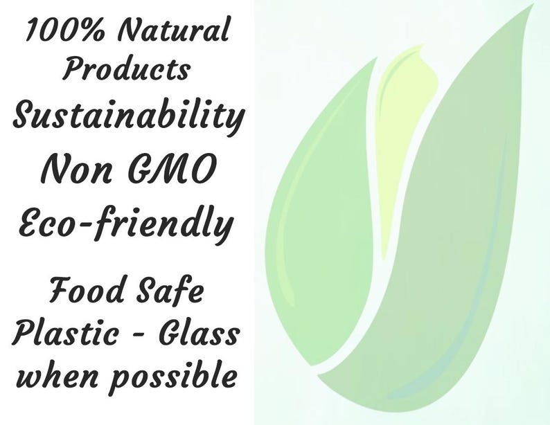 Puede incluir: Imagen con texto: "100% Natural Products, Sustainability, Non GMO, Eco-friendly, Food Safe, Plastic - Glass when possible." Presenta un dise&ntilde;o de hoja verde con un centro verde claro sobre un fondo blanco.