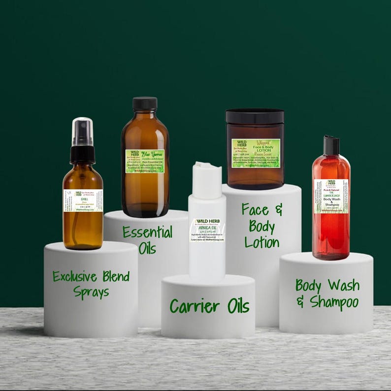 May include: A collection of essential oils, carrier oils, body wash, shampoo, and face and body lotion. The products are displayed on white platforms against a green background.