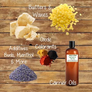 May include: A wooden surface with various ingredients for making homemade soap. The ingredients include butters and waxes, oxide colorants, additives like buds and menthol, and carrier oils. The text "Butters & Waxes", "Oxide Colorants", "Additives: Buds, Menthol & More", and "Carrier Oils" are written on the surface. A bottle of sunflower oil is also shown.