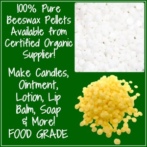 May include: Image of white and yellow beeswax pellets. Text on a green background reads "100% Pure Beeswax Pellets Available from Certified Organic Supplier! Make Candles, Ointment, Lotion, Lip Balm, Soap & More! FOOD GRADE."