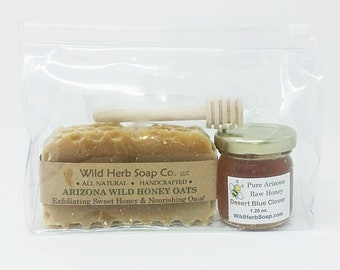 Organic Soap & Arizona Raw Honey Sampler Gift Set in Travel Case | Wild Herb Soap + Unfiltered Sampler Honey Jar | Perfect Sweet Unique Gift