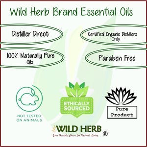 May include: Green and white logo for Wild Herb Brand Essential Oils. The logo features a green leaf design with the text "Wild Herb" in a white font. The text "Your Healthy Choice for Natural Living." is below the logo. The logo is surrounded by eight green and white circles with text describing the product's features. The text includes "Distiller Direct", "100% Naturally Pure Oils", "Certified Organic Distillers Only", "Paraben Free", "Not Tested on Animals", "Ethically Sourced", "Pure Product", and "R".