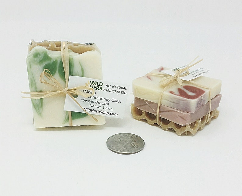 Organic Soap Set: Travel Size Creamy, Rich Lather Unique Gift or Stocking Stuffer Party Favor, Aromatherapy Bath Decoration, Tester image 3