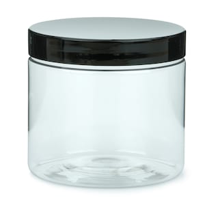 May include: A clear plastic jar with a black lid. The jar is empty and has a smooth, rounded bottom.