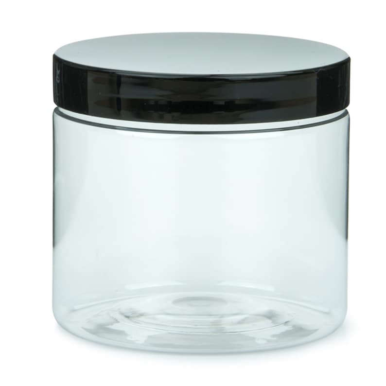May include: A clear plastic jar with a black lid. The jar is empty and has a smooth, rounded bottom.