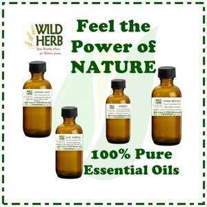 Pode incluir: Quatro garrafas de vidro &acirc;mbar com r&oacute;tulos que dizem "Wild Herb" e listam diferentes &oacute;leos essenciais: Canfora Branca, Mirra, Majorana Azul e Incenso. As garrafas est&atilde;o dispostas em uma fileira sobre um fundo branco. O texto "Sinta o poder da natureza" est&aacute; acima das garrafas, e o texto "100% &Oacute;leos essenciais puros" est&aacute; abaixo das garrafas.