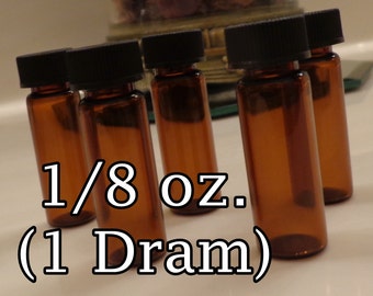 Amber Glass Bottles (DRAM Vials - 1/8 oz. EACH) with Foam Lined Cap|Storage of liquid essential oils, carrier oils, fragrance perfume oils