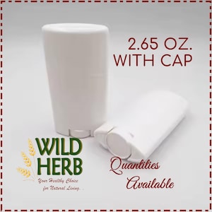 May include: Two white plastic deodorant containers with a black and green logo that says "WILD HERB" and the text "Your Healthy Choice for Natural Living." The larger container is 2.65 ounces and includes a cap. The text "Quantities Available" is also visible.