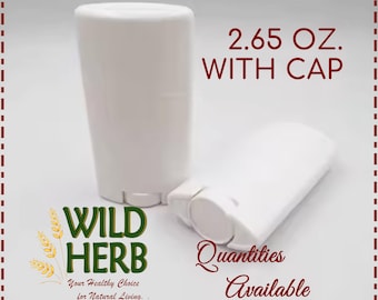 May include: Two white plastic deodorant containers with a black and green logo that says "WILD HERB" and the text "Your Healthy Choice for Natural Living." The larger container is 2.65 ounces and includes a cap. The text "Quantities Available" is also visible.