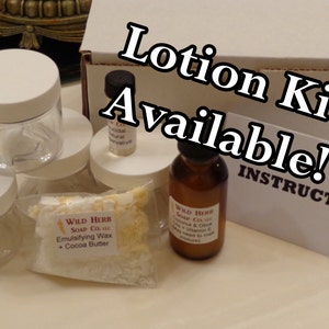 May include: A lotion kit with instructions, a small bag of emulsifying wax with cocoa butter, a bottle of coconut and olive oil with vitamin E, and four clear jars with white lids.