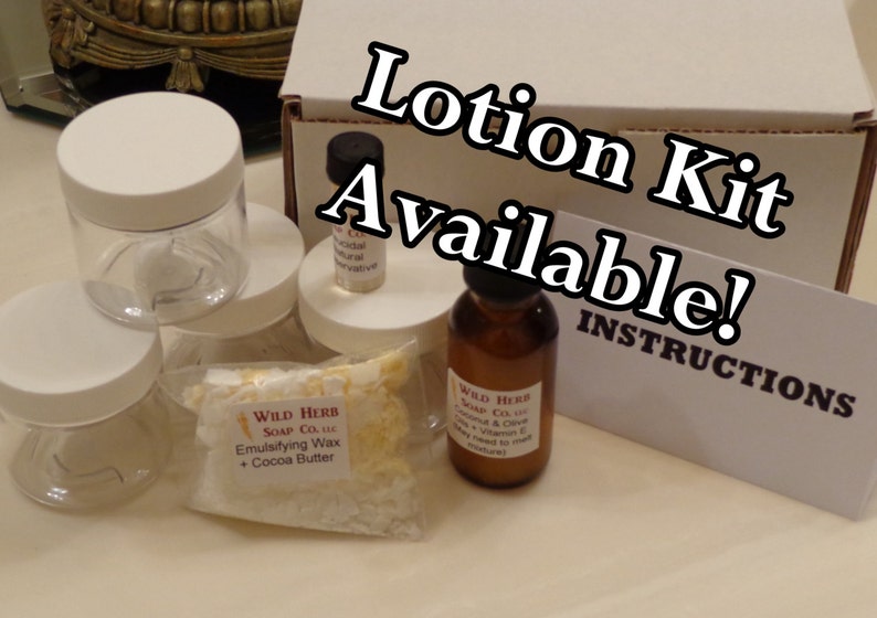 May include: A lotion kit with instructions, a small bag of emulsifying wax with cocoa butter, a bottle of coconut and olive oil with vitamin E, and four clear jars with white lids.