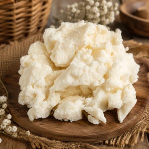 May include: A pile of white shea butter chunks on a round wooden board. The shea butter has a soft, creamy appearance. The board sits on a burlap cloth, with a wicker basket and dried flowers in the background.