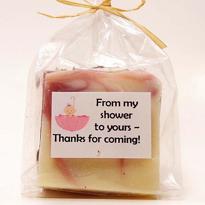 Pink White Sold in Sets Bulk Quantities Baby Girl Shower Favors Natural Soap in Clear Cello Sack with Adorable Clip Art /& Raffia Tie