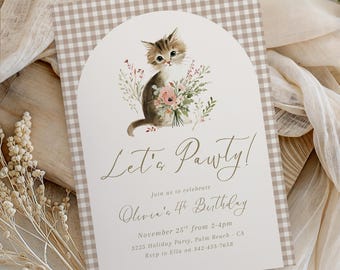 Let's Pawty Cat Birthday Invitation Template, Instant Download Digital Invite