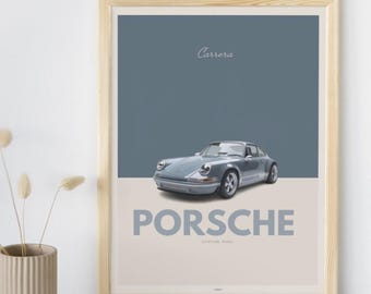 May include: Framed print featuring a silver Porsche Carrera sports car illustration. The artwork has a two-tone background with the car's name in large letters. The word "Carrera" is written above the car.