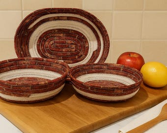 Handmade Fabric Basket  - Quilted Cotton - Brick Print Bowl