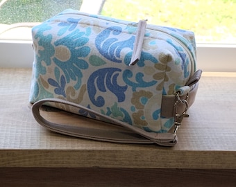 Blue Damask Boxy Zipper Bag - Handmade, Fully Lined, Giftable