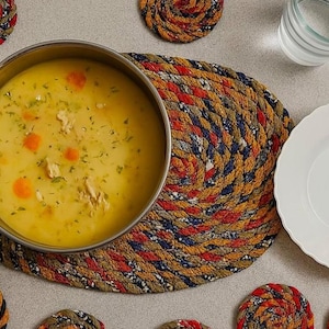 May include: A stainless steel pot filled with yellow soup containing carrots and chicken sits on a round, braided placemat. A white plate with a fork, a glass of water, and several matching coasters are also visible.