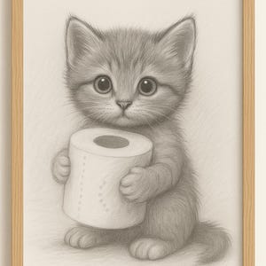 May include: A pencil sketch of a gray kitten holding a roll of toilet paper. The kitten has large, expressive eyes and is framed in a light brown wooden frame. The artwork is detailed and realistic, with soft shading.