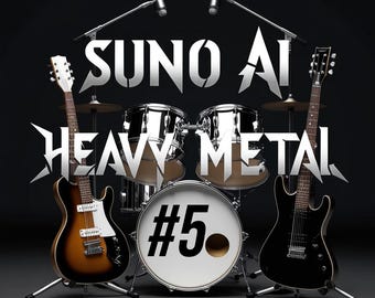 May include: A digital illustration of a heavy metal band's instruments. Two electric guitars frame a drum kit with the text "SUNO AI" and "HEAVY METAL". The bass drum shows the number "#5". Two microphones are positioned above the drums.