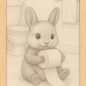 Op de afbeelding: Potloodtekening van een konijn in een badkamer, met een rol toiletpapier. Het konijn heeft grote ogen en lange oren. Een toilet en een handdoekenrek zijn zichtbaar op de achtergrond. Het kunstwerk is ingelijst in een lichte houten lijst.
