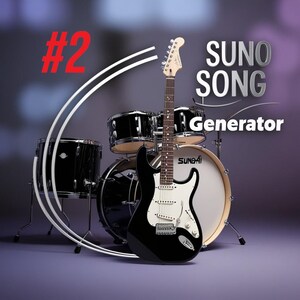 Könnte beinhalten: Eine schwarz-weiße E-Gitarre steht vor einem Schlagzeug. Das Schlagzeug umfasst eine Bassdrum, zwei Tomtoms und eine Snare-Drum. Der Text "SUNO SONG Generator" ist zu sehen.