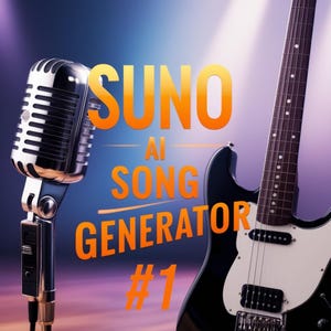 Könnte beinhalten: Bild mit einem silbernen Vintage-Mikrofon und einer schwarzen E-Gitarre. Der Text "SUNO AI SONG GENERATOR #1" ist in Orange auf einem blau-violetten Farbverlaufshintergrund dargestellt. Der Hals der Gitarre ist sichtbar.