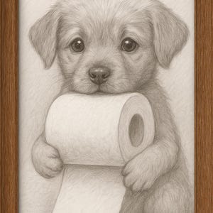 May include: A pencil sketch of a puppy holding a roll of toilet paper, framed in a brown wooden frame. The puppy has a light brown coat and big, expressive eyes. The artwork is a charming and humorous depiction of a domestic scene.