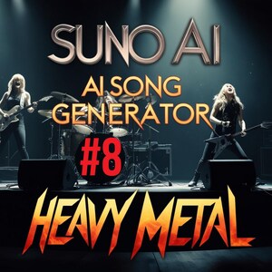 Könnte beinhalten: Bild zur Werbung für SUNO AI Song Generator #8, mit Heavy-Metal-Thema. Das Bild zeigt eine Band auf der Bühne mit zwei Gitarristen und einem Schlagzeuger. Der Text enthält "SUNO AI", "AI SONG GENERATOR", "#8" und "HEAVY METAL".