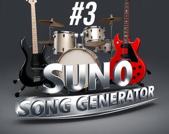 May include: A digital illustration featuring a drum kit, a black electric guitar, and a red electric guitar. The text "#3 SUNO SONG GENERATOR" is displayed in silver, 3D lettering. The background is a grey gradient.