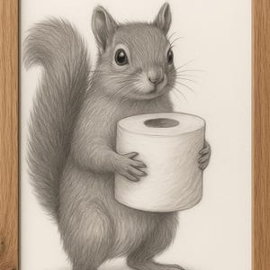 May include: A pencil sketch of a squirrel clutching a toilet roll, presented in a light wood frame. The squirrel is rendered in grey tones, with detailed fur and a bushy tail. The artwork has a playful and amusing theme.