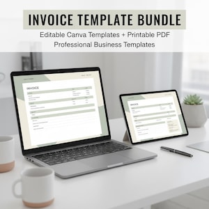 Könnte beinhalten: Ein Rechnungsvorlagen-Paket mit bearbeitbaren Canva-Vorlagen und druckbaren PDF-Geschäftsvorlagen. Ein Laptop und ein Tablet zeigen das Rechnungsdesign mit salbeigrünen Akzenten, daneben ein Stift und zwei weiße Tassen.
