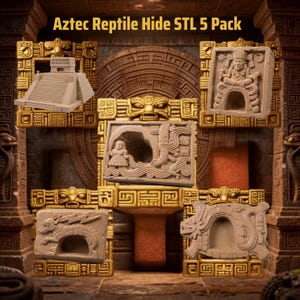 May include: A digital collection titled Aztec Reptile Hide STL 5 Pack featuring five tan-colored 3D models: a stepped pyramid, a seated figure relief, a scene with a figure and serpent, a canine relief, and a coiled serpent structure.